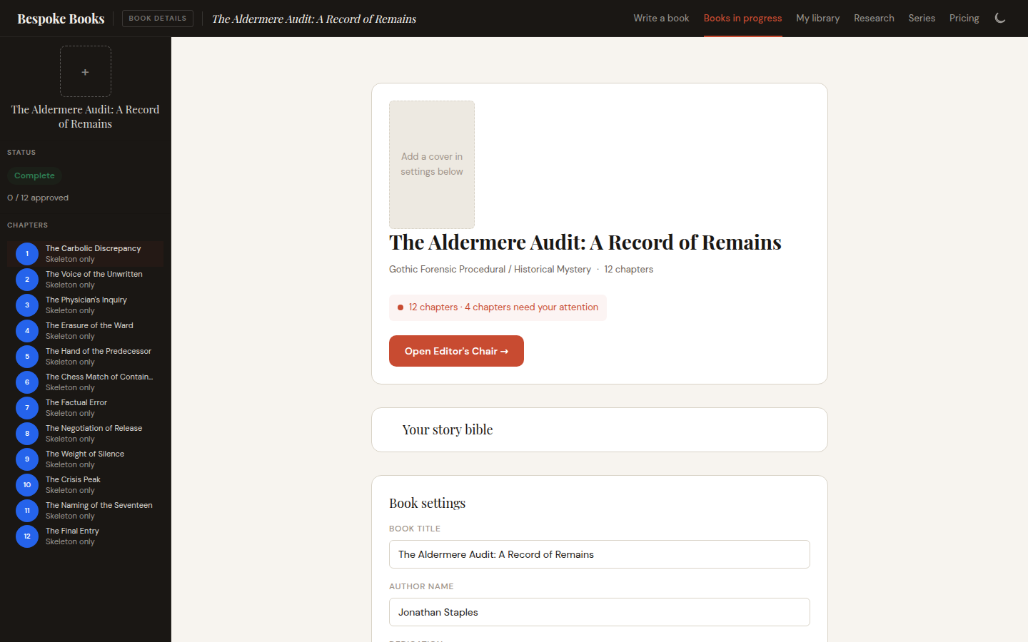 Book detail hub with chapter sidebar, story bible, and Editor's Chair access