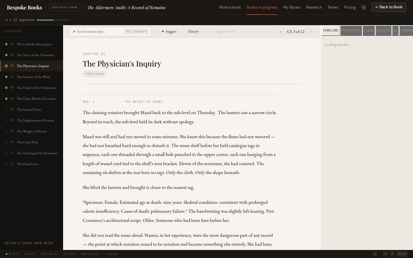 Editor's Chair three-panel manuscript view with chapter prose and reader knowledge panel