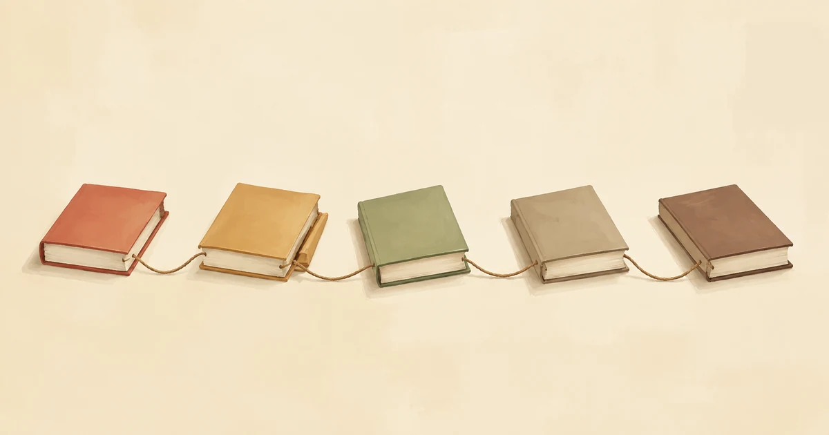 Five hardcover books connected by a continuous string