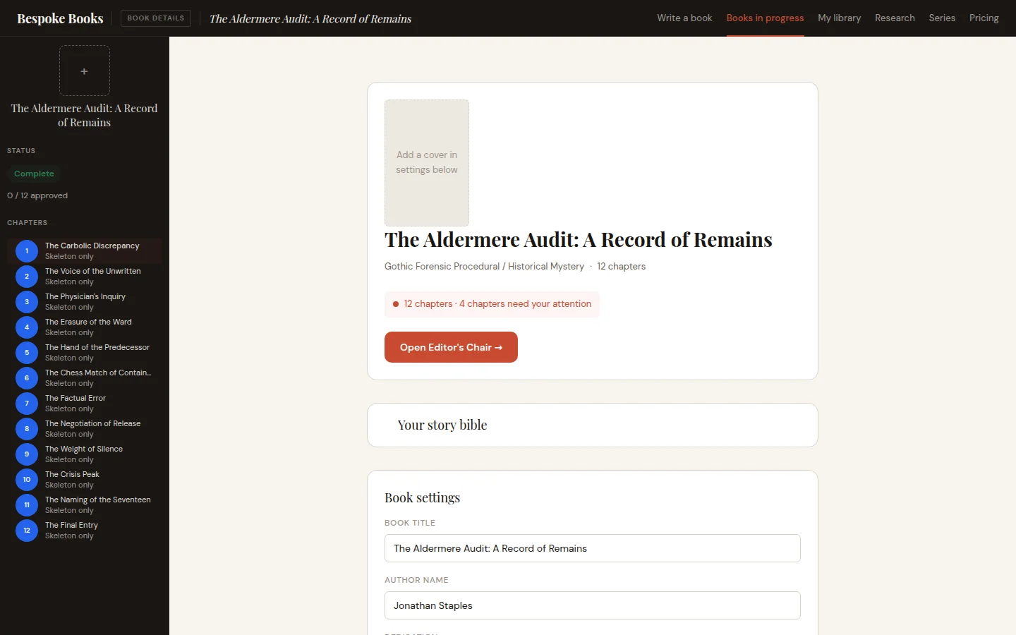 Book hub with chapter sidebar and Editor's Chair access