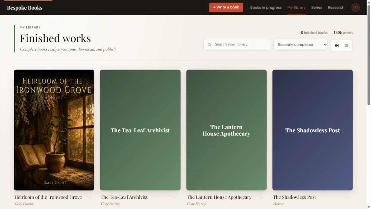 My Library showing completed books, covers, genres, chapter counts, and search controls